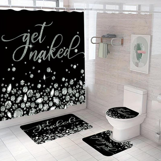 Letter Diamond Pattern Bathroom Set, Including 1count Shower Curtain & 1count Toilet Seat Mat & 2counts Non-slip Rug, Modern Fashion Luxury Bathroom Decor, Bathroom Supplies