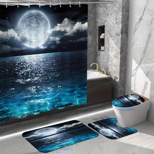 Night Moon & Sea Pattern Bathroom Decor Set, 4 Counts Non-slip Bath Mat & U-shaped Commode Contour Rug & Toilet Lid Mat & Shower Curtain with 12 Hooks, Bathroom Accessories