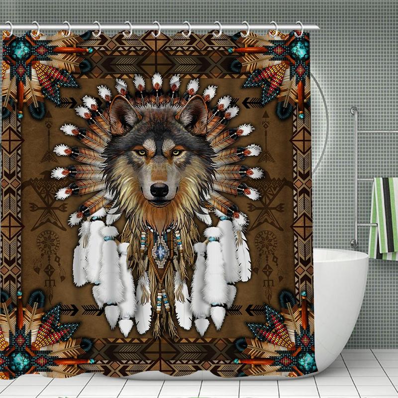 Wolf Pattern Bathroom Decoration, 1 Count Boho Shower Curtain with 12pcs Hooks, or 4counts?Shower Curtain & Bath Mat & Toilet Mat Set, Bathroom Accessories for Home Decor