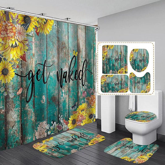 4Pcs Get Naked Sunflower Shower Curtain Sets with 12 Hooks 70.8" L ¡Á 70.8" W, Polyester Fabric