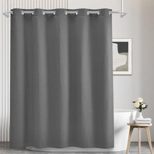 Grey Waffle Weave Shower Curtain with Snap in Liner,No Hooks Needed,Hotel Grade,with Magnets,71" W x 74" H