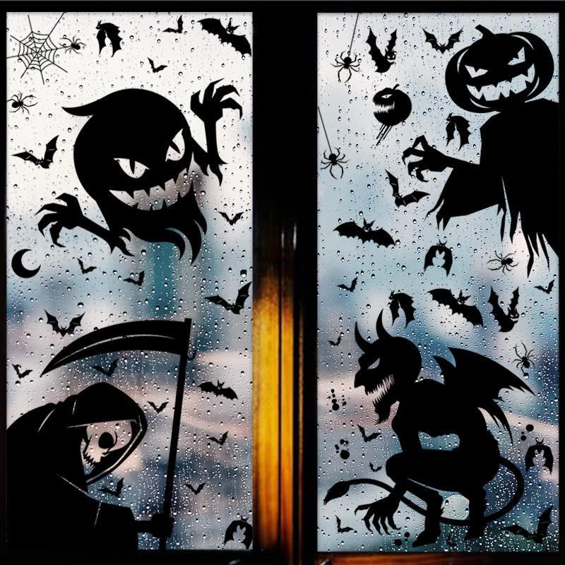 1 Sheet Halloween Window Clings, Black Ghost Bat Skull Window Clings, Spooky Reusable Static Window Stickers, Halloween Decoration, Party Supplies