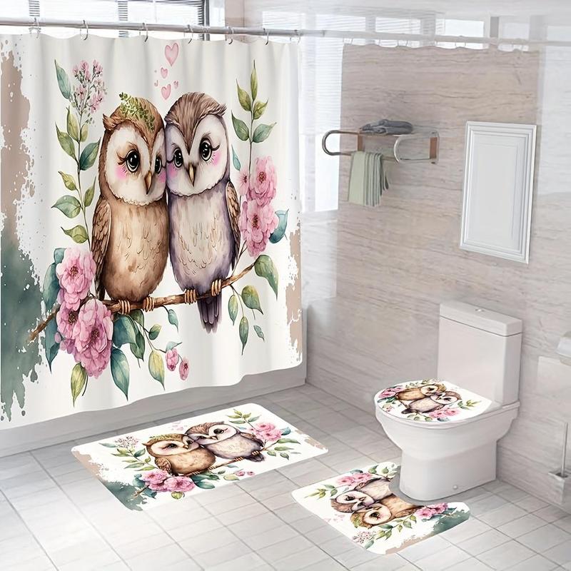 Bathroom Accessories, 4 Counts Cute Couple Owl Pattern Non-slip Bath Mat & U-shaped Commode Contour Rug & Toilet Lid Mat & Shower Curtain with 12 Hooks, Bathroom Decor Set