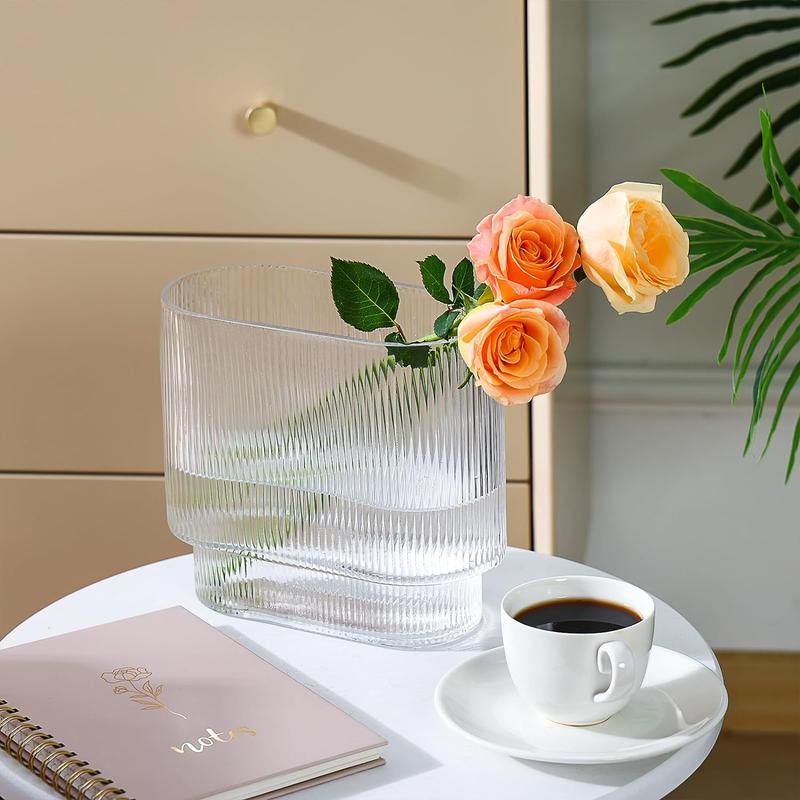 CEWOR Ribbed Clear Glass Vase Aesthetics Flower Vases 8 Inch for Centerpieces Modern Fluted Design for Wedding Dinner Table and Bedroom and Home Decor