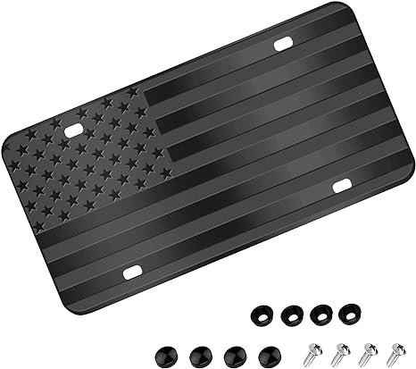 American Flag License Plate, Black Front Flag License Plates with 4 Holes,Custom Novelty Vintage Aluminum Metal 3D Embossed US License Plate with Screws Caps, 6 * 12 inches