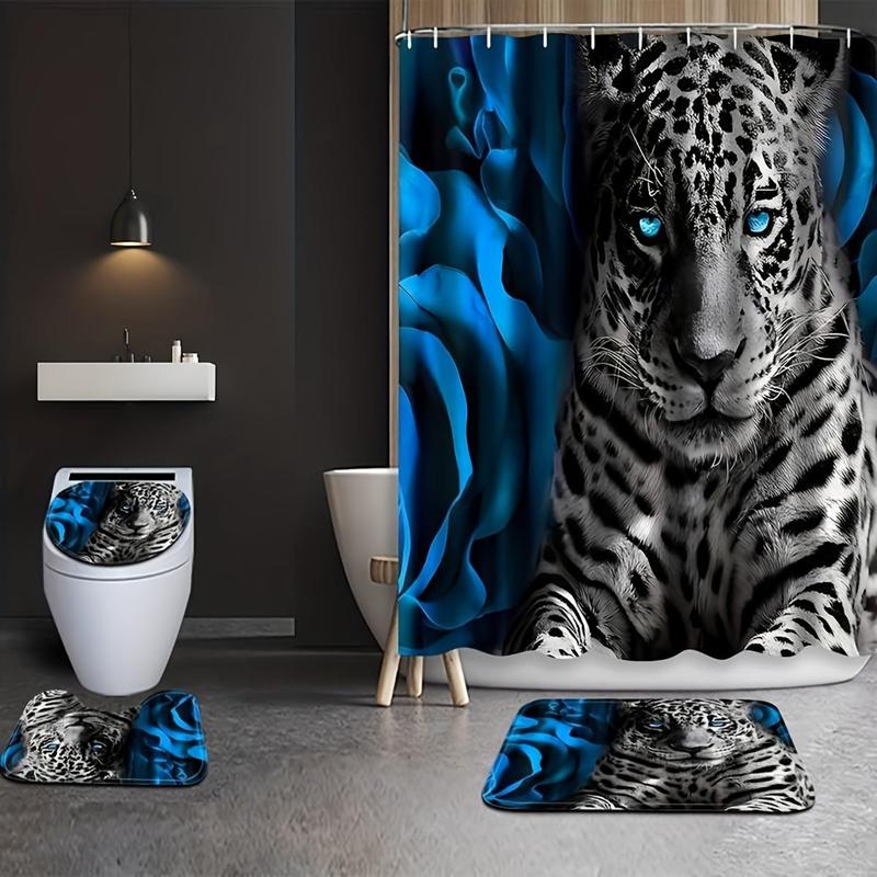 Leopard & Rose Pattern Bathroom Accessories (4 Counts), Including Waterproof Shower Curtain, Toilet Lid Cover, Mat & U-shaped Mat, Summer Fathers Day Gift