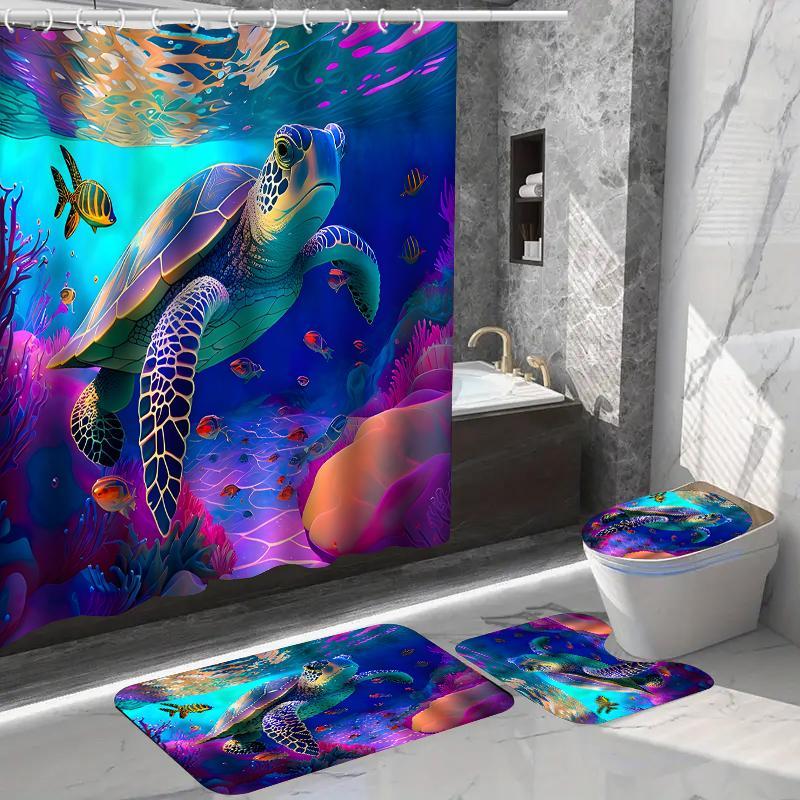 Marine Decoration Shower Curtain Set, 4 Counts/set Including Cute Turtle Pattern Shower Curtain & Bathroom Mat & Toilet Lid Cover, Bathroom Partition, Room Decor