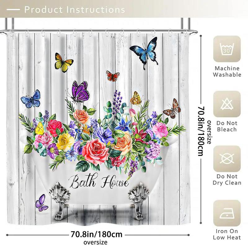 Butterfly & Floral Pattern Bathroom Set, Including Bathroom Curtain & Toilet Mat & Toilet Cover & Bath Mat, Bathroom Decor Supplies