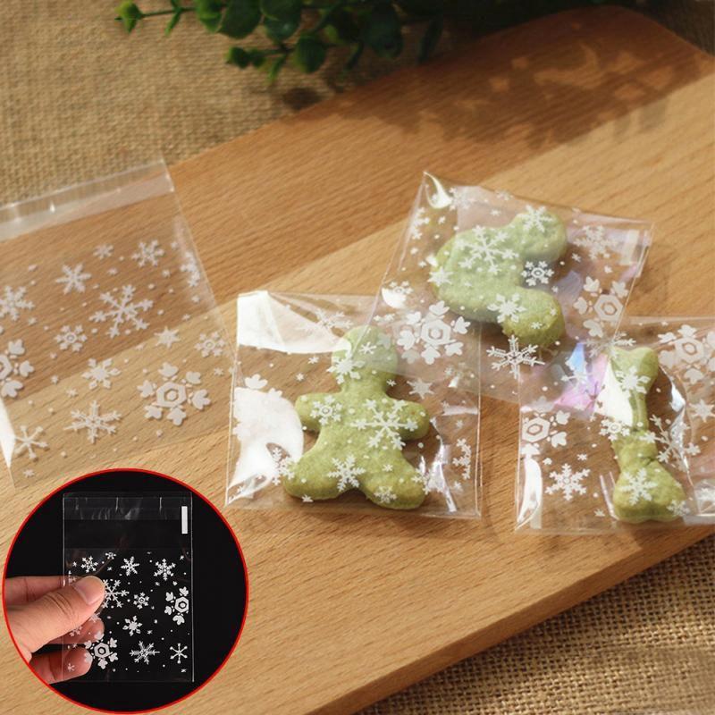 100pcs/set Christmas Snowflake Pattern Candy Bag, Self-adhesive Plastic Bag For Baking & Party