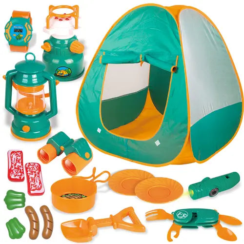 Kids Pop Up Tent with 18PCS Camping Gear Toys Pretend Play Set for Toddlers Outdoor Toys