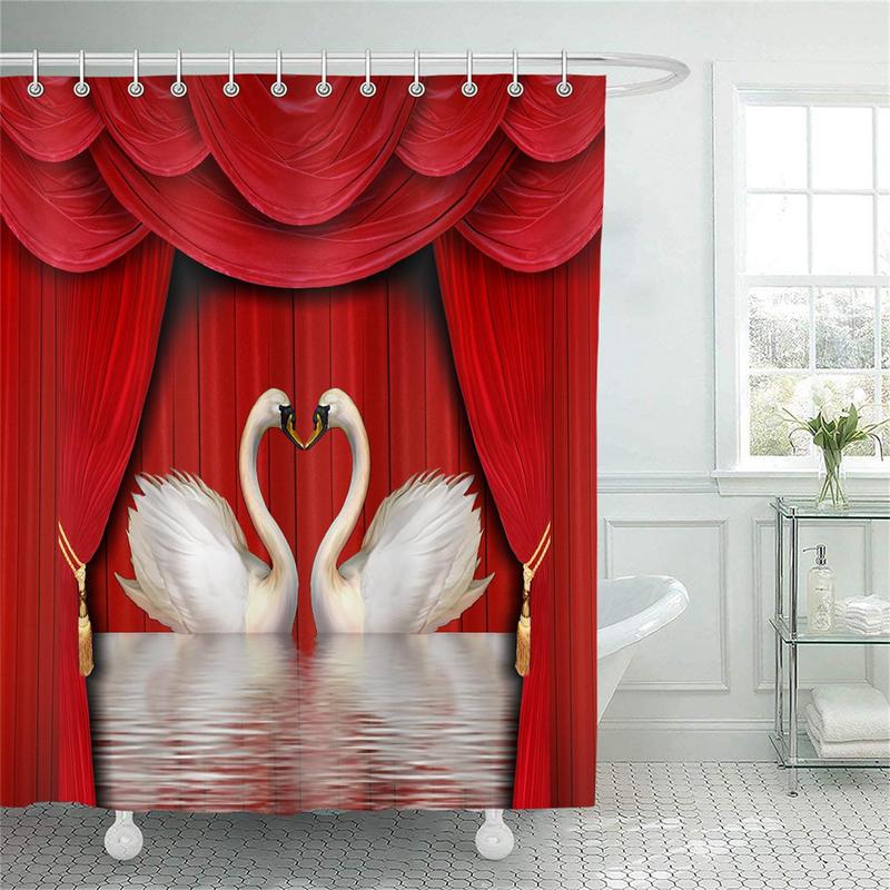 Romantic Swan Pattern Bathroom Curtain Set, 4 Counts/set Including Shower Curtain with 12pcs Hook, Toilet Lid Cover, U-shaped & Rectangular Mat, Bathroom Decor Set