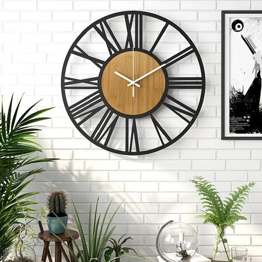 Creative Iron Wood Roman Numerals Wall Clock, 1 Count Modern Wall Clock, Wall Hanging Clock for Home Living Room Bedroom [Battery Required, without Battery]