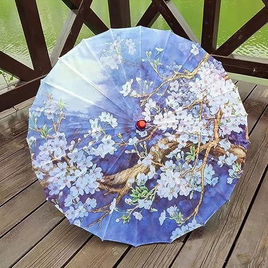 33" Handmade Oiled Parasol Bamboo Silk Umbrella Chinese Japanese Art,  Flower Shaking Moon Shadow Gift Plastic Traditional Antique Oak Wedding