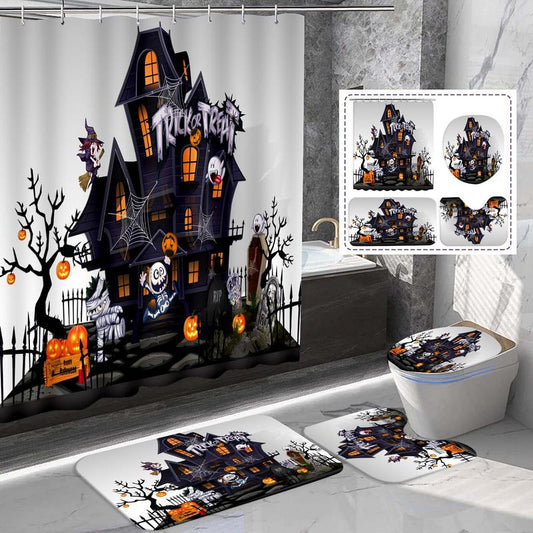 Halloween Pumpkin & Castle Pattern Shower Curtain Set, 1 Count/4 Counts Shower Curtain & Non-slip Mat Set with 12pcs Hooks, Bathroom Decor Supplies, Room Accessories for 2024, Fall Decor