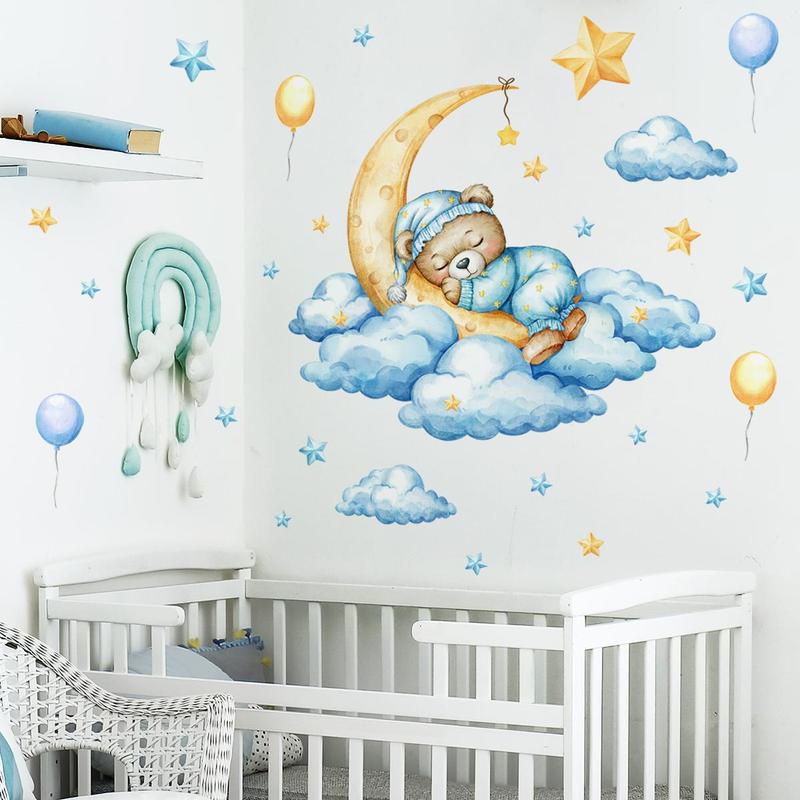 Cartoon Bear & Moon Pattern Luminous Wall Sticker, 3 Counts/set Self Adhesive Wall Decal, Decorative Sticker for Home Bedroom Living Room