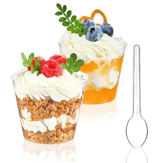 TOFLEN 50 Pack 5 oz Mini Dessert Cups with Spoons, Round Cake Cups Party Serving Cups for Parfait, Appetizers, Cocktails, Dessert Shooters & Dessert Shot Glasses Disposable Plastic