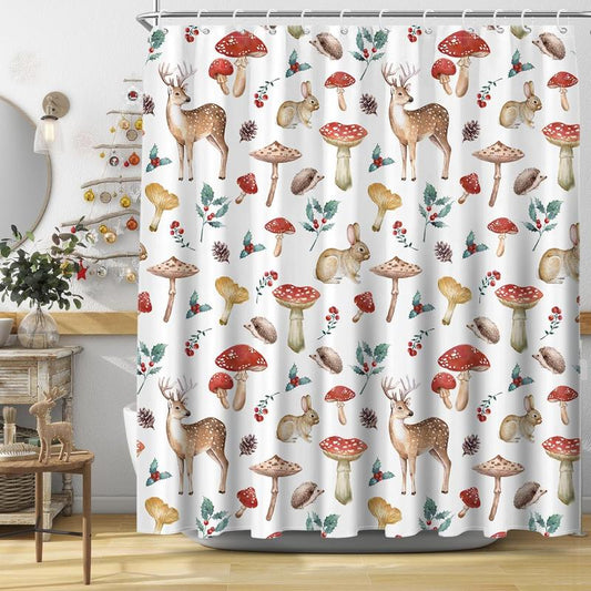 SUMGAR Christmas Shower Curtain for Bathroom, Fabric Cloth Red Mushroom, Berries, Pine Cones,Deers,Rabbits, Animals for Holiday Shower Curtains Set with Hooks, 72 x 72 inch Metal Washable