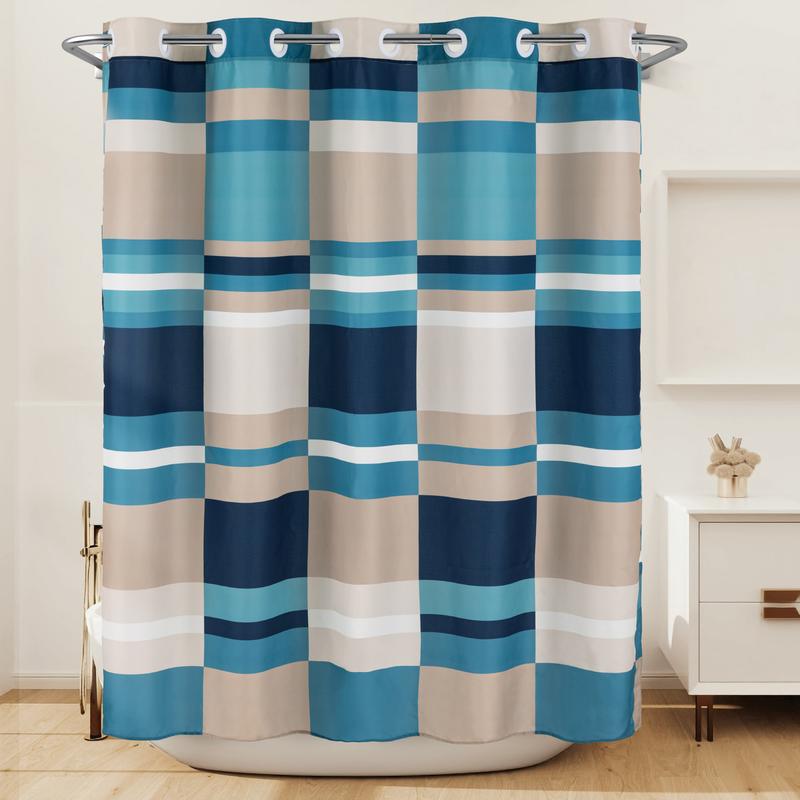 River Dream Modern Geometric Fabric Shower Curtain with Patchwork Plaid Designs,No Hooks Needed,with Magnets,Lake Blue,71x74Inches,New Year gifts