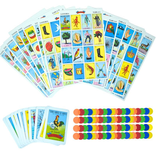 New To Town Loter¨ªa Mexican Bingo Game Set - Complete with 100 Bingo Chips for 10 Players - Authentic Loter¨ªa de Lujo Mexicana - Colorful Loteria