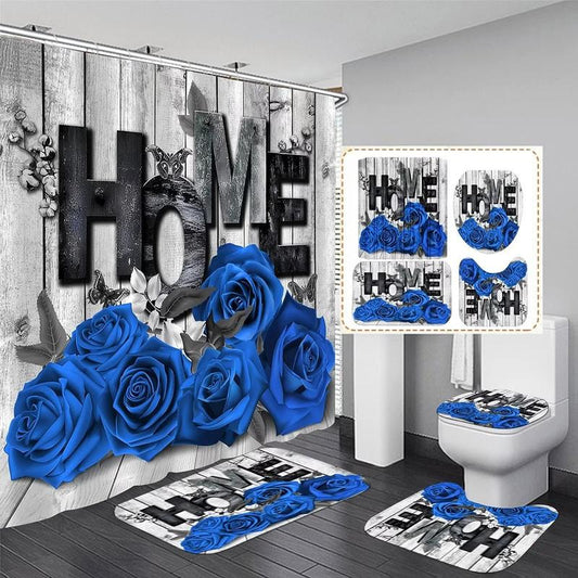 Blue Rose 4 Pcs Shower Curtain Sets, Polyester, Waterproof 72"L x 72"W Mat Bath Flannel Rug Toilet Sunflower Spray