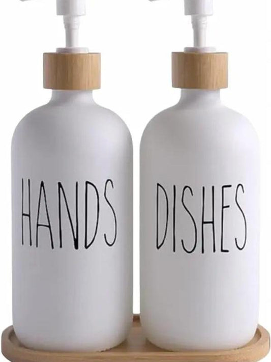 White Soap Dispenser Set, Contains Glass Hand /Dish Soap Dispenser,  Suitable for Farmhouse and Rustic Kitchen Decor Bottle Pump Bamboo Decorative