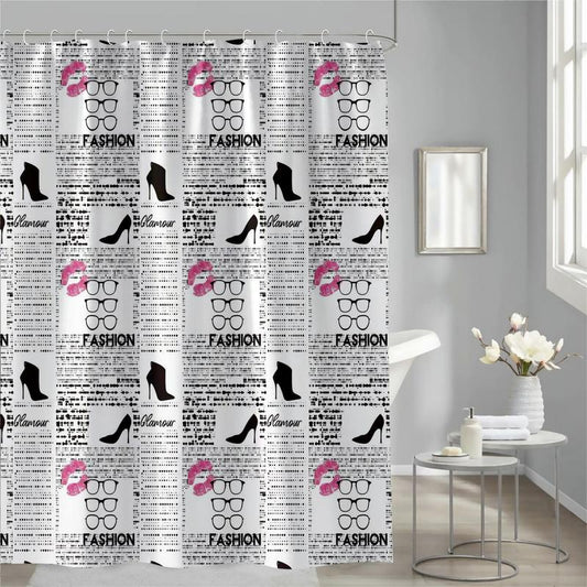 Letter & Lip & High Heel Pattern Shower Curtain, Waterproof Shower Curtain with 12pcs Hooks, Bathtub Partition Curtain, Bathroom Supplies for Home Use