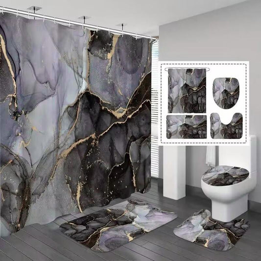 Marble Pattern Shower Curtain Set, 4 Counts/set Waterproof Bath Curtain U-shaped Mat and Toilet Cover Mat Set, Bathroom Accessories, Bathroom Furniture, Bathroom Decor, Halloween Decor, Fall Decor