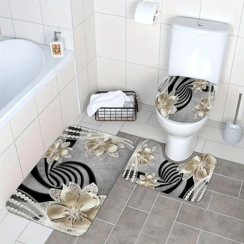 Floral Bead String Pattern Bathroom Decor Set, 4 Counts/set Including Shower Curtain & Bath Mat & Toilet Mat & Toilet Lid Cover, Bathroom Accessories