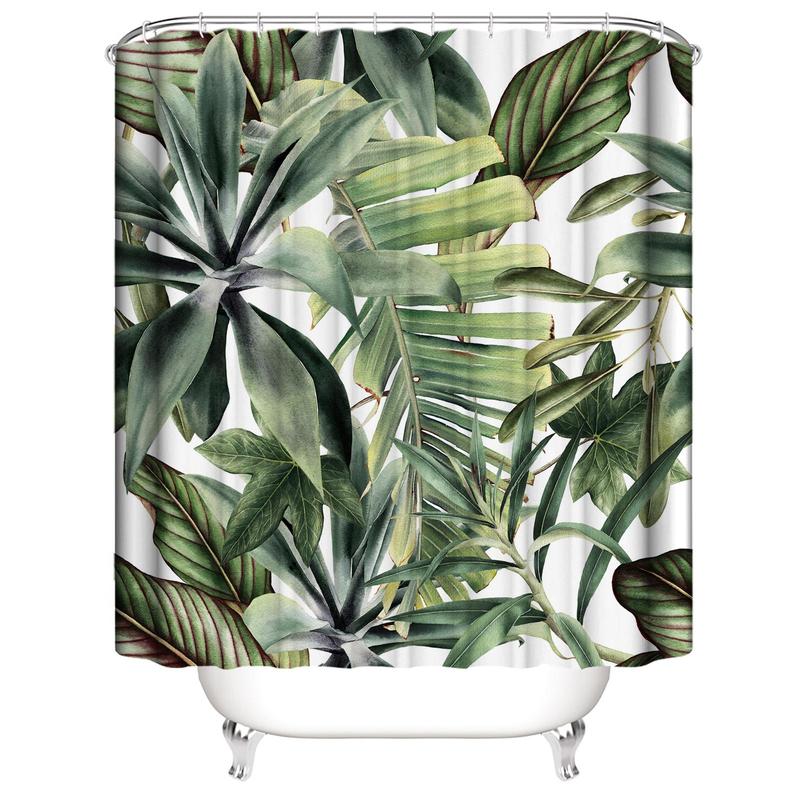 Tropical Leaf Pattern Shower Curtain, Casual Waterproof Shower Curtain with Hooks, Bathroom Accessories, Home Decoration