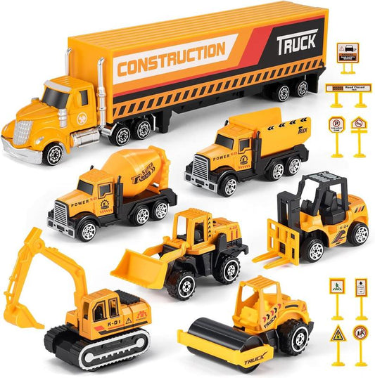 Diecast Engineering Construction Vehicle Toy Set w/Play Mat,Truck Carrier, Forklift, Bulldozer, Excavator,Dump Truck, Alloy Metal Car Toys Set for