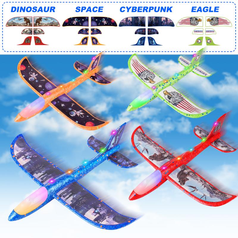 4+2 Aircraft Launcher Toys, 4 LED Foam Glider Planes with Stickers and 2 Launchers, Outdoor Flying Toys, Birthday Gifts for Boys Girls Aged 4-8