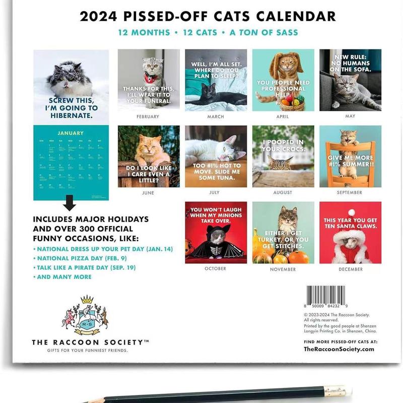 Personality Cats Design Calendar for Mean Girls Decorations, 1 Count Creative Paper Calendar, Funny Sassy Holiday Gift for Cat Lovers