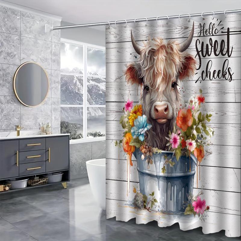 Cow & Flower Pattern Bathroom Set, 4 Counts/set Cute Cow & Flower Pattern Bathroom Curtain & Toilet Lid Mat & Bathroom Rug, Bathroom Accessories Set, Home Decor, Home Accessories, Room Decor Set