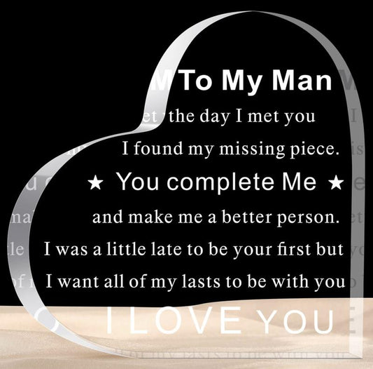 To My Man gift for Boyfriend Theme Acrylic Ornaments plaque, Heart shaped Letter design decorative craft, Romantic gift wedding anniversary Birthday couple gift for Men Boyfriend Husband Engagement Male Home decor Plaques and signs