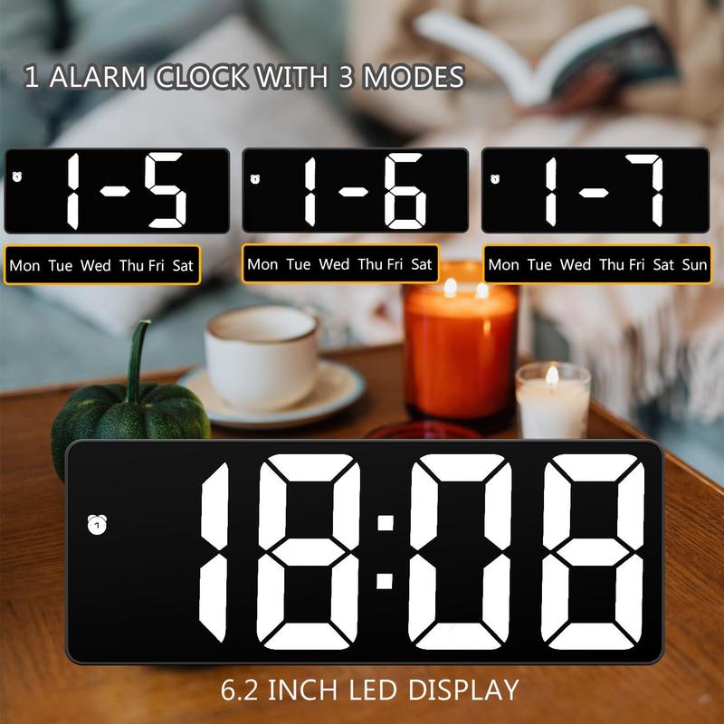 Alarm Clock Led Display,Digital Alarm Clock for Bedrooms,6.5 inch LED Display with White Digits, 3 Levels Brightness Adjustable,Small Electronic Desk Clock for Kitchen Office Decor