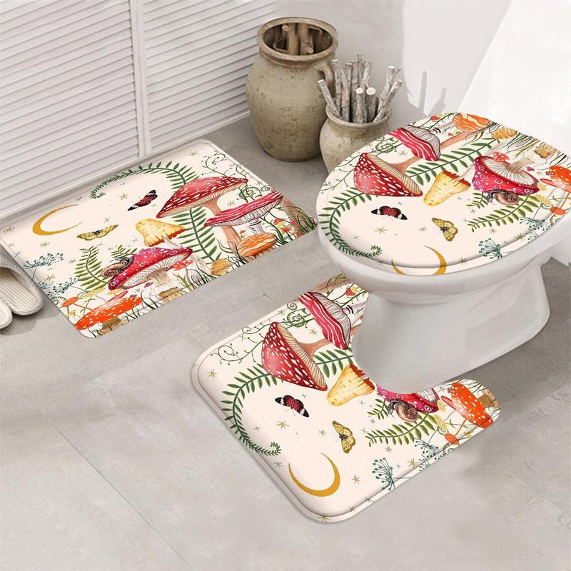 Mushroom Plant Leaf Butterfly Moon Pattern Bathroom Decorations Set, 4 Counts/set Including Shower Curtain & Bath Mat & U Shape Toilet Mat & Toilet Lid Cover, Household Bathroom Accessories for Home Decor