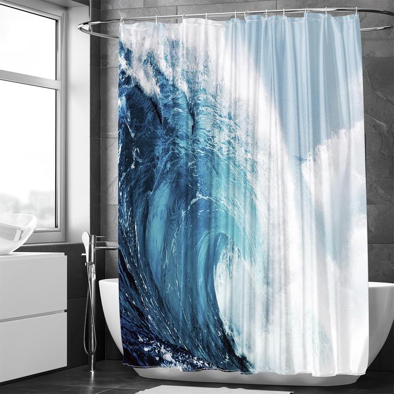 Sea Wave Print Shower Curtain, Waterproof Shower Curtain with 12 Hooks & 1 Tieback, Bathroom Accessories for Home, Home Essentials