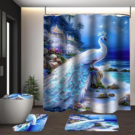 Cartoon Peacock Pattern Bathroom Set, 4 Counts/set Including 1 Count Shower Curtain with Hooks & 1 Count Toilet Lid Cover & 2 Counts Non-slip Bathroom Mat, Bathroom Decoration Supplies