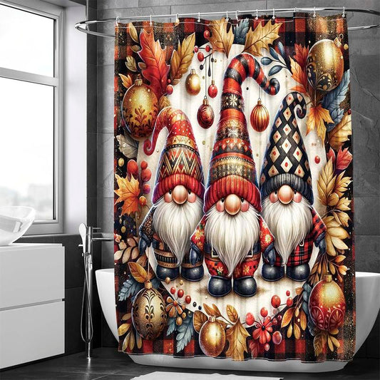 Christmas Gnome Pattern Bath Curtain, Waterproof Shower Curtain with 12pcs Hooks & 1 Count Random Color Curtain Tieback, Bathroom Decor Shower Curtain