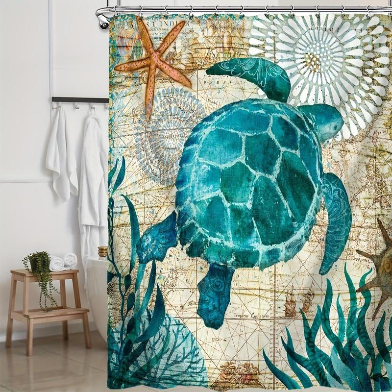 Sea Turtle Pattern Bathroom Decor Set, 4counts/set Bathroom Accessories, Including Shower Curtain, Bath Mat, Toilet Lid Cover and U-shaped Toilet Rug