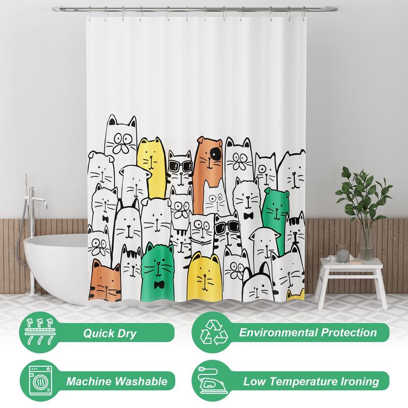 AmazerBath Shower Curtain, Washable Cute Kitty Carnival Cloth Shower Curtain Set with 12 Rust Resistant Metal Hooks, Decorative Waterproof Fabric Black and White Shower Curtain for Kids' Bathroom, 72x72 Inches