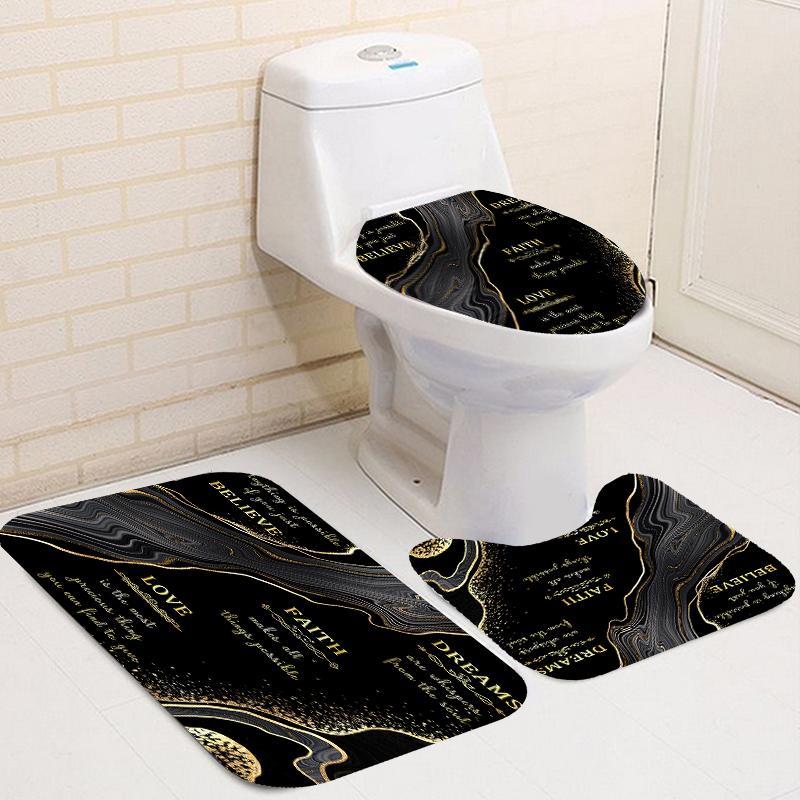 Marble & Letter Bathroom Set (4 Counts), Including 1 Waterproof Shower Curtain (with 12 Hooks), 1 Toilet Lid Cover, 1 Rectangular Mat & 1 U-shaped Mat