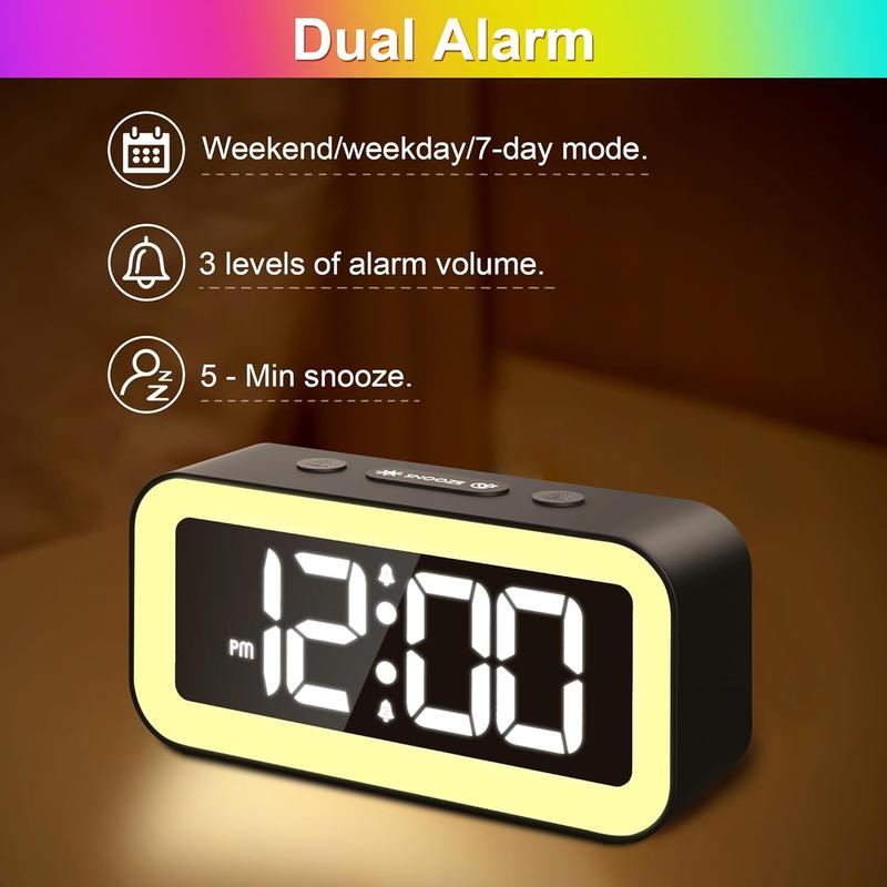 Colorful Nightlight LED Digital Alarm Clock with Super Loud Dual alarm, Weekday mode, Snooze, Dimmer, USB Charging Port for Livingroom, Bedroom, Bedside, Heavy Sleeper, Adult, Kid, Teens, gift, Black