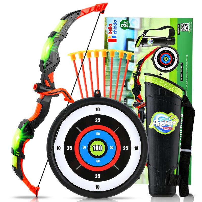 BELLOCHIDDO Bow and Arrow for Children - Children Archery Set with LED Lights, Includes 8 Suction Cup Arrows, Target & Quiver, Indoor & Outdoor Toys for Boys age 4+