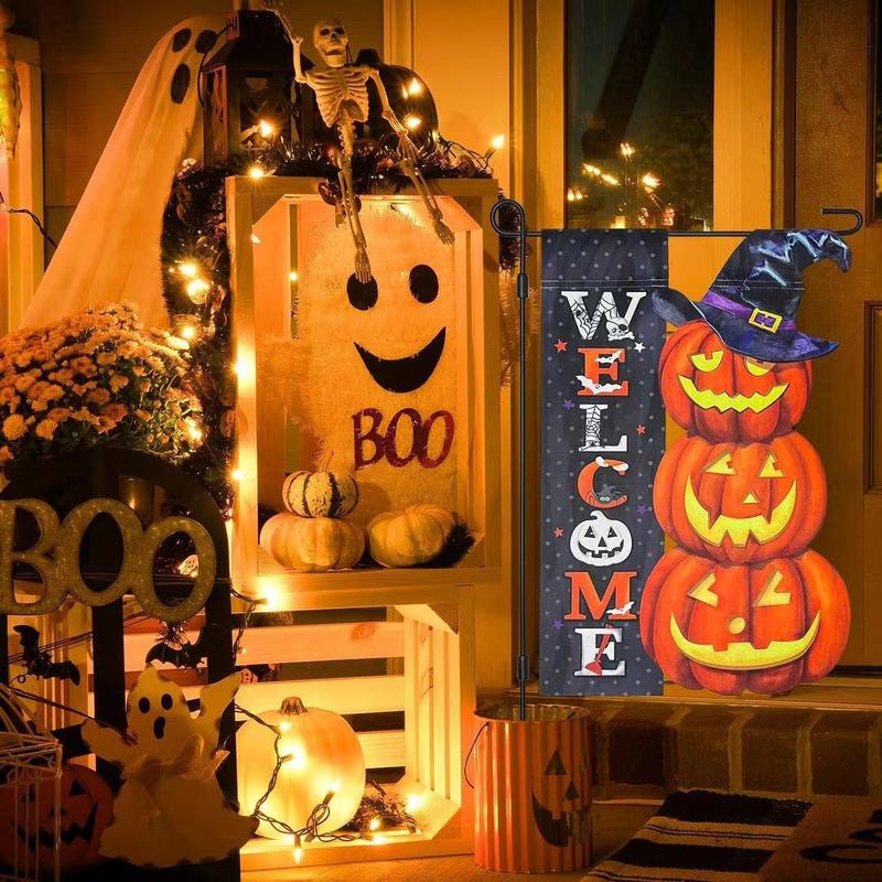 Solar Powered Pumpkin Garden Flag, 1 Count Halloween Decoration Flag, Garden Flag with Solar Lights, Halloween Outdoor Decorations for Yard Garden Tree House, Fall Gifts