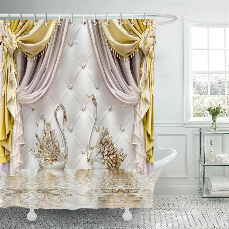 Swan Pattern Curtain Set, 4 Counts/set Including 3 Counts?Mats and 1 Count?Waterproof Shower Curtain with 12pcs Hooks, Bathroom Set