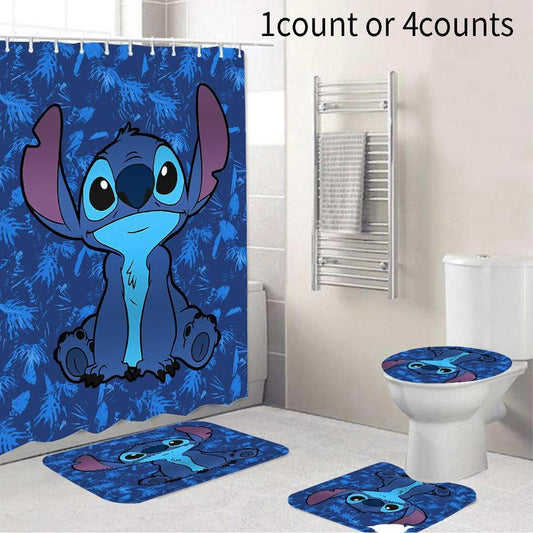 Cartoon Stitch Character Pattern Bathroom Accessories, 1 Count Shower Curtain with Hook Or 4 Counts Shower Curtain & Bath Mat Set, Halloween Decor Bathroom Decor, Bathroom Gadgets 2024, Fall Decor