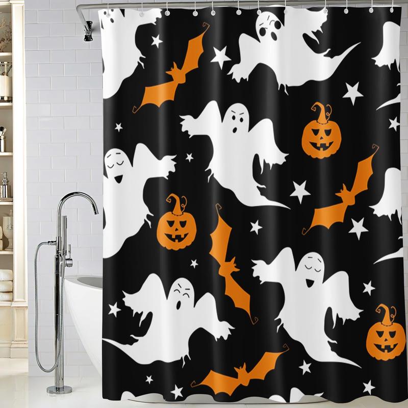 Halloween Ghost and Pumpkin Pattern Bathroom Decor Set, Shower Curtain Sets, 1 Waterproof Shower Curtain & 1 Bathroom Rug & 1 Toilet U-shape Mat & 1 Toilet Lid Cover Pad, Bathroom Accessories