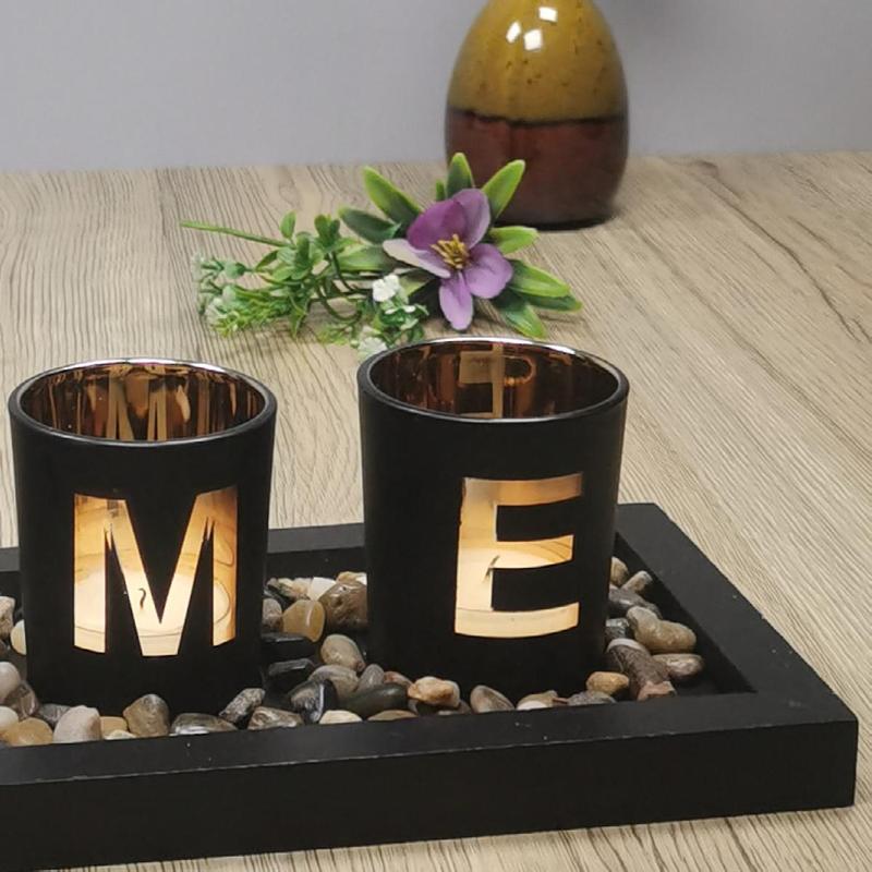 Home Letters Design Glass Candle Holder, 1 Set Including Four Cup Creative Warm Lovely Candle Holder with Wooden Base & Mini Decorative Stone, Lighting Decor for Home Living Room Office Dinning Room