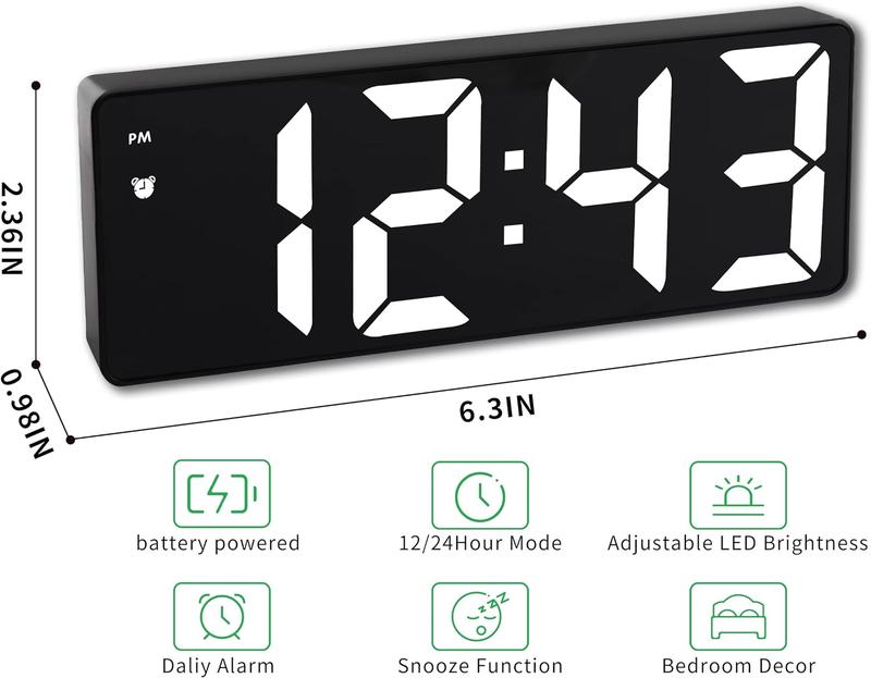 Alarm Clock Led Display,Digital Alarm Clock for Bedrooms,6.5 inch LED Display with White Digits, 3 Levels Brightness Adjustable,Small Electronic Desk Clock for Kitchen Office digital wallclock Decor